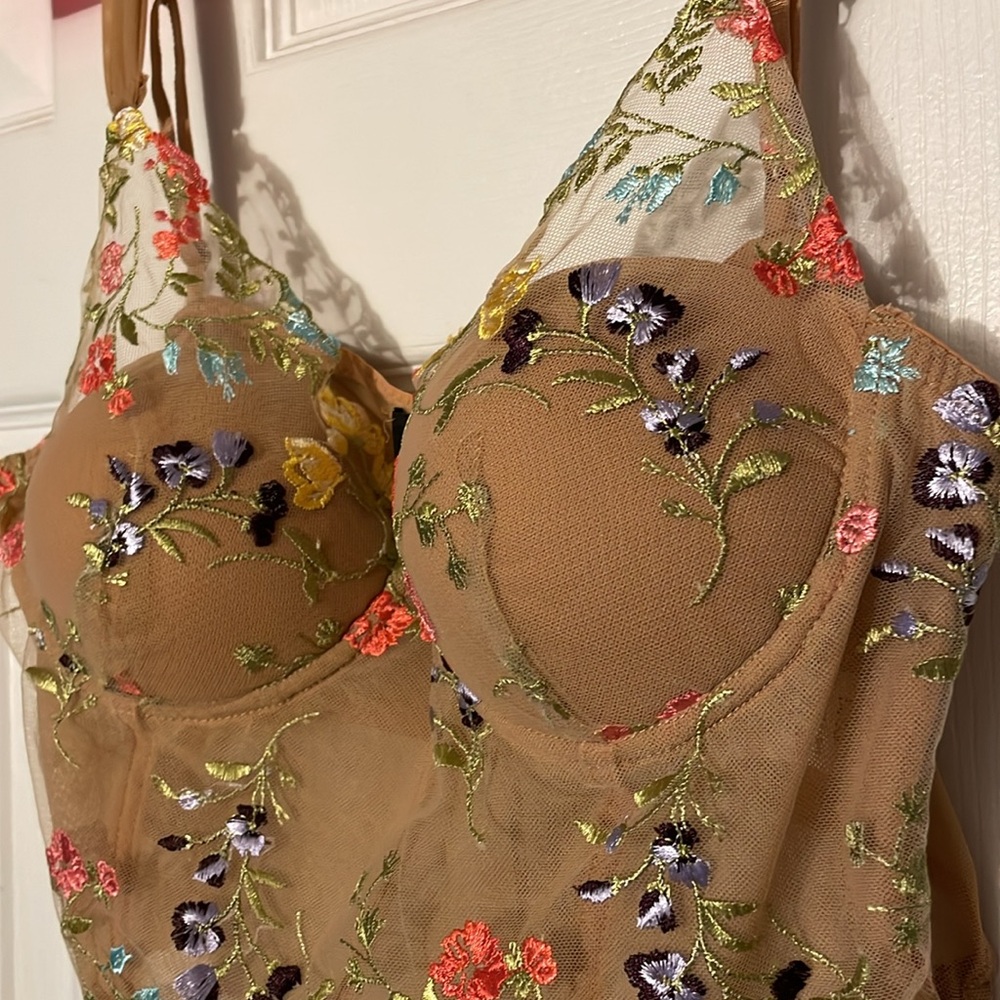 Lulu's Tan Floral Embroidered Mesh Bustier Cami - Picture 2 of 5